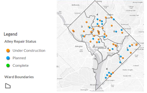 Map showing locations of alleys to be repaired.