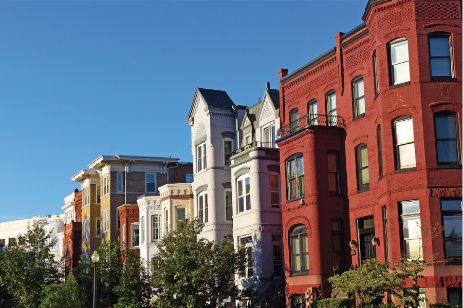 Tree lines streets with rowhouses